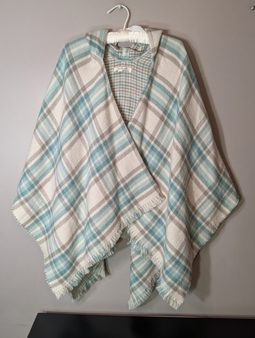 Simply Noelle Hooded Plaid Cape in Light Blue and Cream